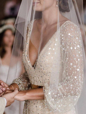 NumberSea - Bridal Shower Open Back Glitter & Sparkle Wedding Dresses A - Line V Neck Long Sleeve Floor Length Sequined Bridal Gowns With Sash / Ribbon