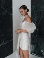 NumberSea - Bridal Shower Sparkle & Shine Little White Dresses Wedding Dresses Short / Mini Sheath / Column Short Sleeve Square Sequined With Ruched Solid Color