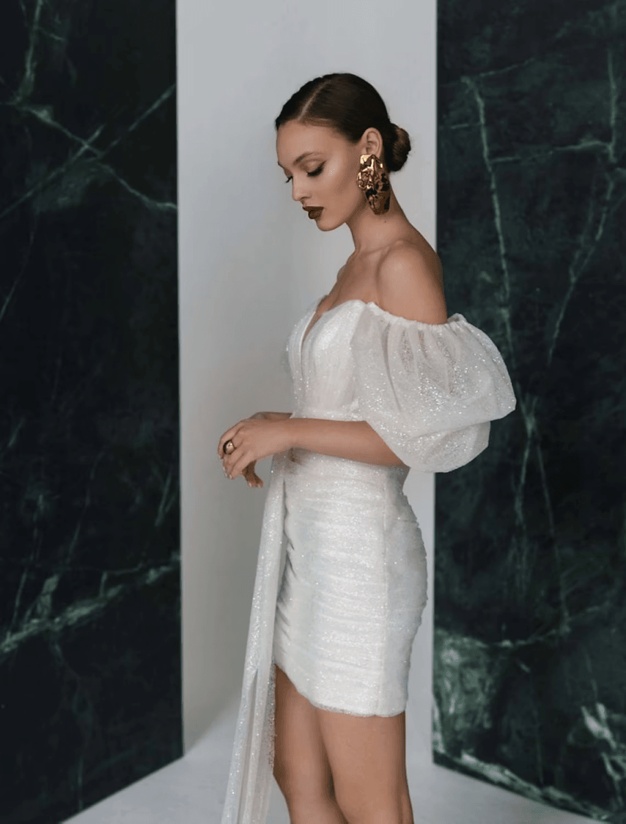 NumberSea - Bridal Shower Sparkle & Shine Little White Dresses Wedding Dresses Short / Mini Sheath / Column Short Sleeve Square Sequined With Ruched Solid Color