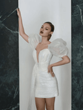 NumberSea - Bridal Shower Sparkle & Shine Little White Dresses Wedding Dresses Short / Mini Sheath / Column Short Sleeve Square Sequined With Ruched Solid Color