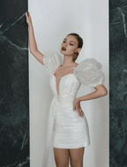 NumberSea - Bridal Shower Sparkle & Shine Little White Dresses Wedding Dresses Short / Mini Sheath / Column Short Sleeve Square Sequined With Ruched Solid Color