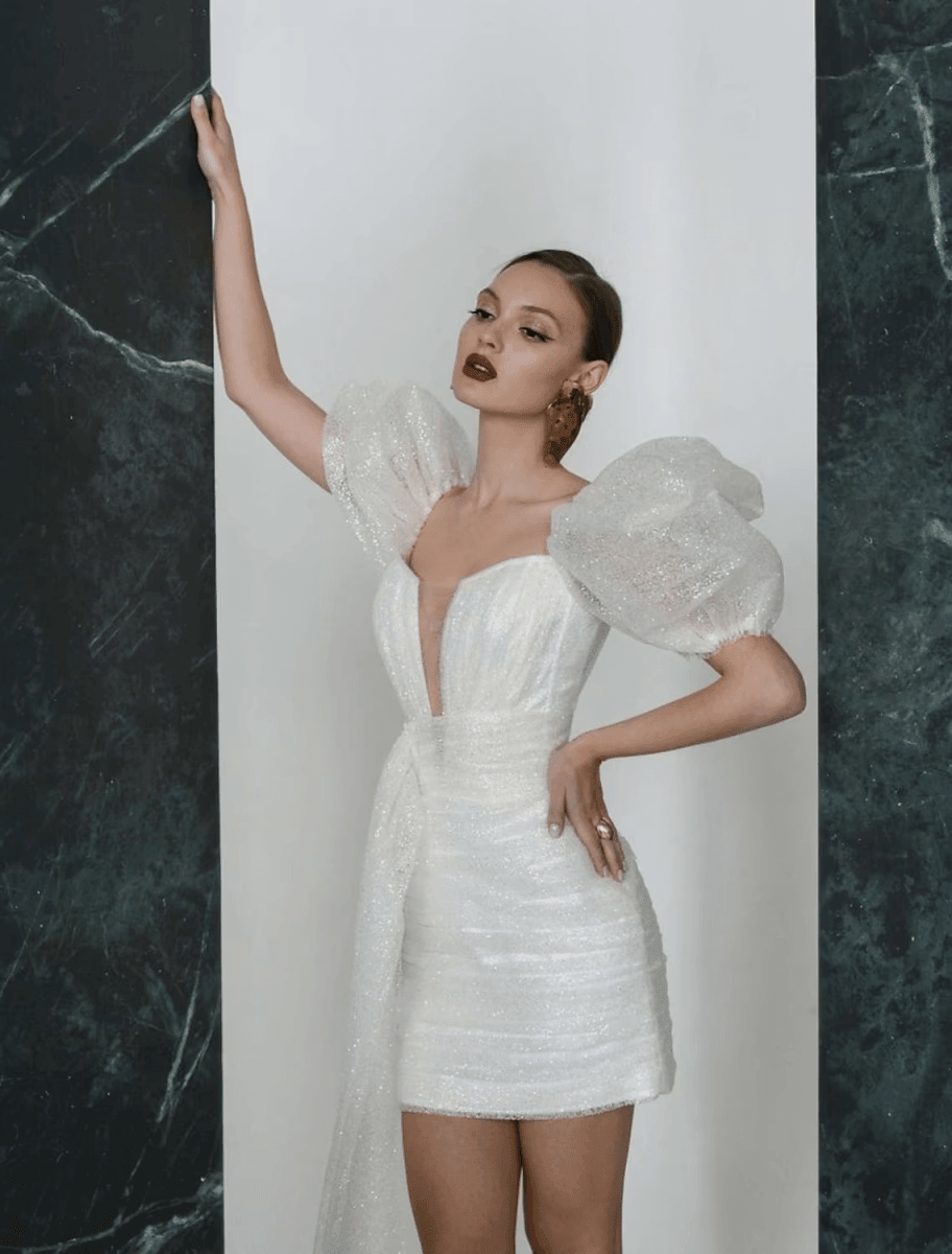 NumberSea - Bridal Shower Sparkle & Shine Little White Dresses Wedding Dresses Short / Mini Sheath / Column Short Sleeve Square Sequined With Ruched Solid Color