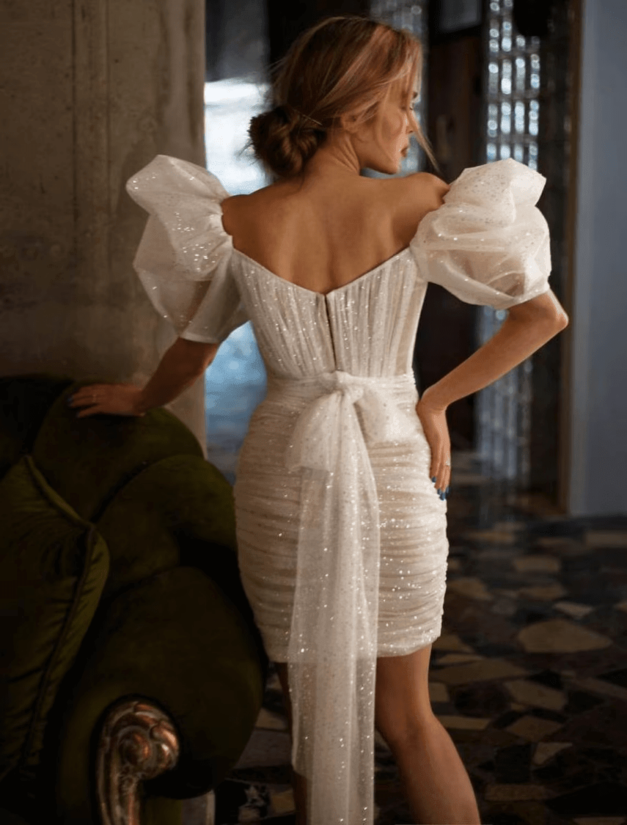 NumberSea - Bridal Shower Sparkle & Shine Little White Dresses Wedding Dresses Short / Mini Sheath / Column Short Sleeve Square Sequined With Ruched Solid Color