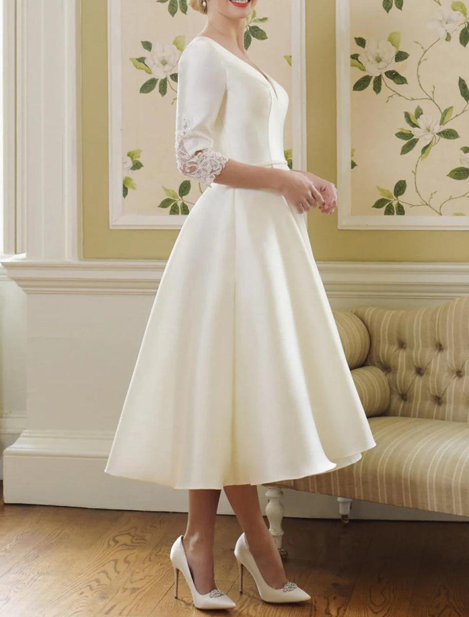 NumberSea - Bridal Shower Vintage 1940s / 1950s Little White Dresses Wedding Dresses A - Line V Neck Half Sleeve Tea Length Satin Bridal Gowns With Appliques Solid Color