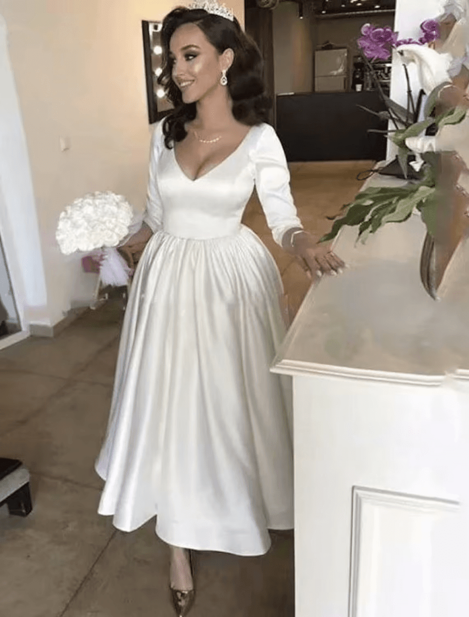 NumberSea - Bridal Shower Vintage 1940s / 1950s Little White Dresses Wedding Dresses Ankle Length A - Line 3/4 Length Sleeve V Neck Satin With Pleats Solid Color
