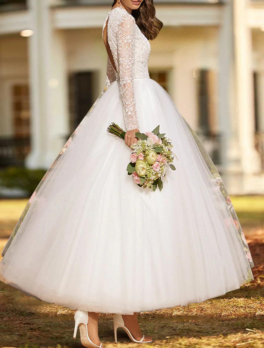 NumberSea - Bridal Shower Vintage 1940s / 1950s Little White Dresses Wedding Dresses Ball Gown Scoop Neck Long Sleeve Ankle Length Satin Bridal Gowns With Appliques Solid Color