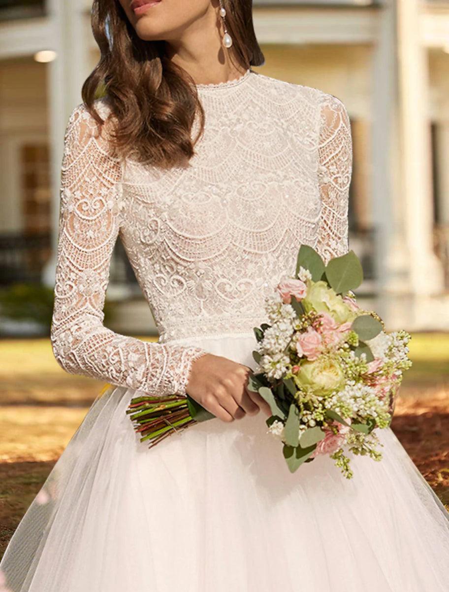 NumberSea - Bridal Shower Vintage 1940s / 1950s Little White Dresses Wedding Dresses Ball Gown Scoop Neck Long Sleeve Ankle Length Satin Bridal Gowns With Appliques Solid Color
