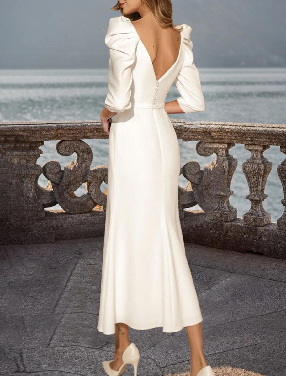 NumberSea - Bridal Shower Vintage Little White Dresses Fall Wedding Dresses Sheath / Column Square Half Sleeve Tea Length Satin Bridal Gowns With Solid Color