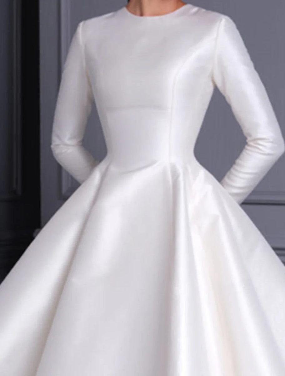 NumberSea - Bridal Shower Wedding Dresses Vintage 1940s / 1950s Little White Dresses A - Line Scoop Neck Long Sleeve Tea Length Satin Bridal Gowns With Solid Color Summer Fall Wedding Party