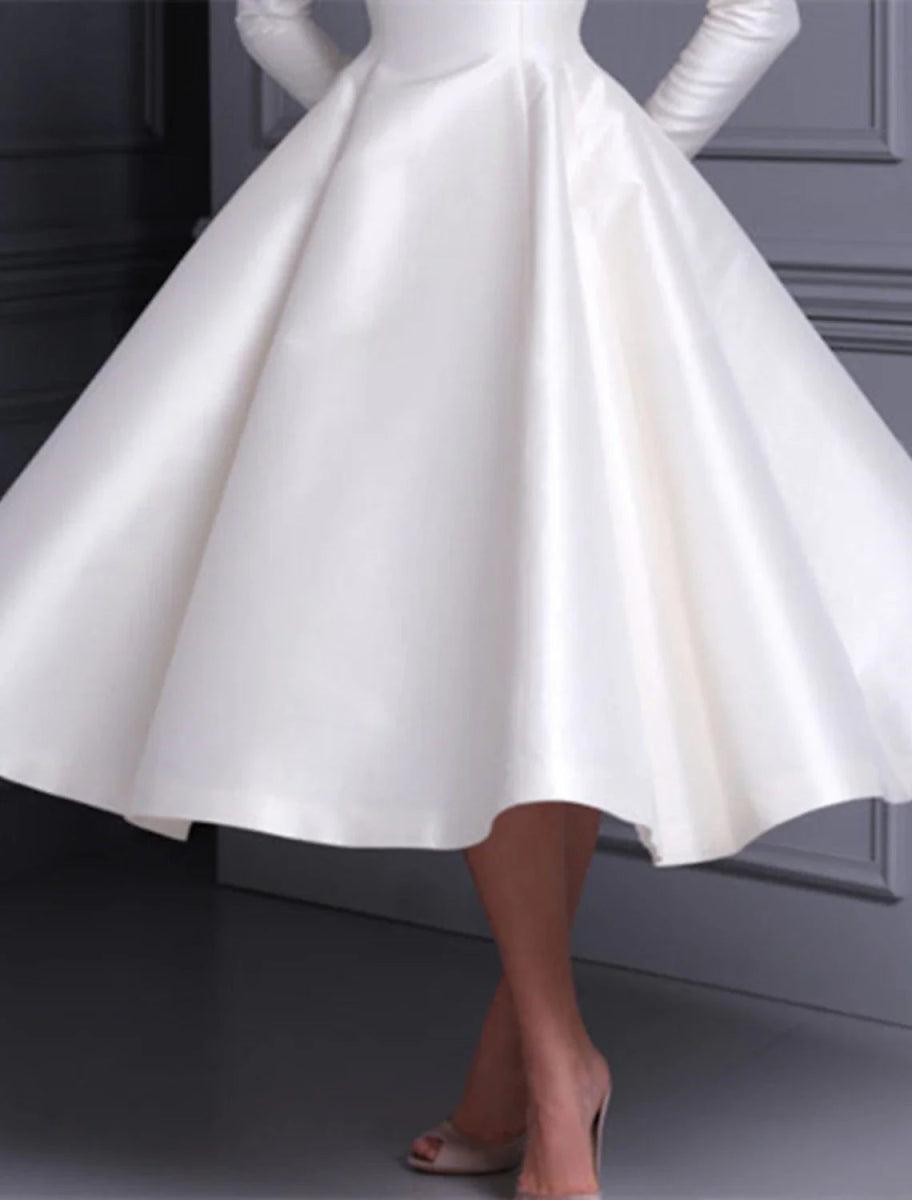 NumberSea - Bridal Shower Wedding Dresses Vintage 1940s / 1950s Little White Dresses A - Line Scoop Neck Long Sleeve Tea Length Satin Bridal Gowns With Solid Color Summer Fall Wedding Party