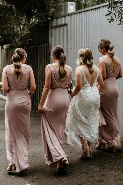 NumberSea - Bridesmaid Dress Chic V Neck Sleeveless Long Bridesmaid Dresses Simple Floor Length