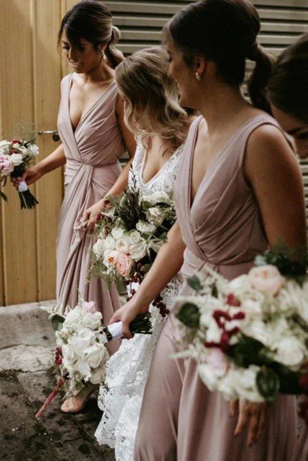 NumberSea - Bridesmaid Dress Chic V Neck Sleeveless Long Bridesmaid Dresses Simple Floor Length