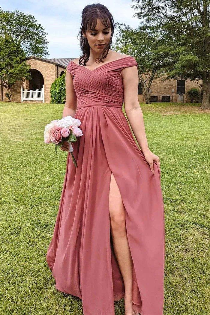 NumberSea - Bridesmaid Dress Chiffon Off - the - Shoulder Long with Slit