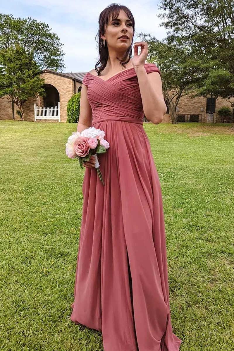 NumberSea - Bridesmaid Dress Chiffon Off - the - Shoulder Long with Slit