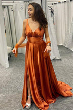 NumberSea - Bridesmaid Dress Deep V Neck Pleated Satin Straps Long with Slit