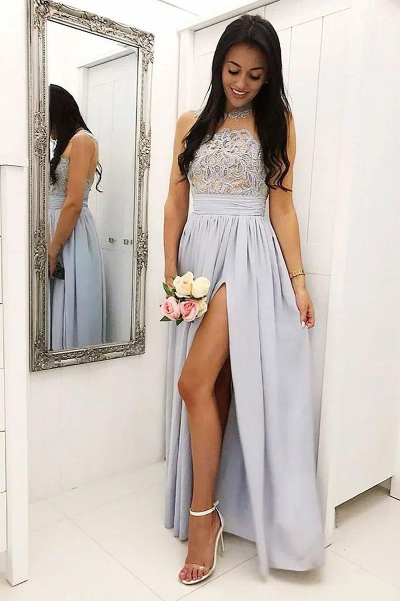 NumberSea - Bridesmaid Dress Grey A - Line Illusion Round Neck Long Chiffon with Lace