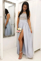 NumberSea - Bridesmaid Dress Grey A - Line Illusion Round Neck Long Chiffon with Lace