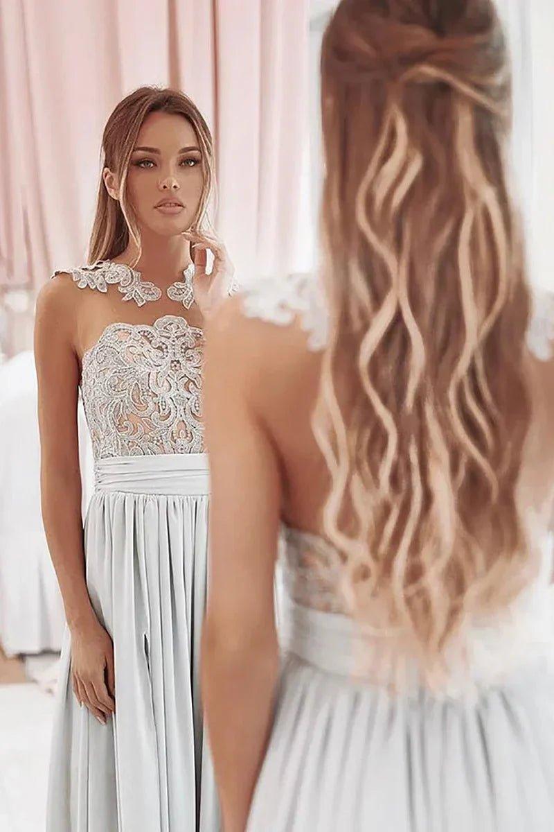 NumberSea - Bridesmaid Dress Grey A - Line Illusion Round Neck Long Chiffon with Lace