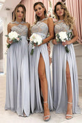 NumberSea - Bridesmaid Dress Grey A - Line Illusion Round Neck Long Chiffon with Lace
