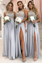 NumberSea - Bridesmaid Dress Grey A - Line Illusion Round Neck Long Chiffon with Lace