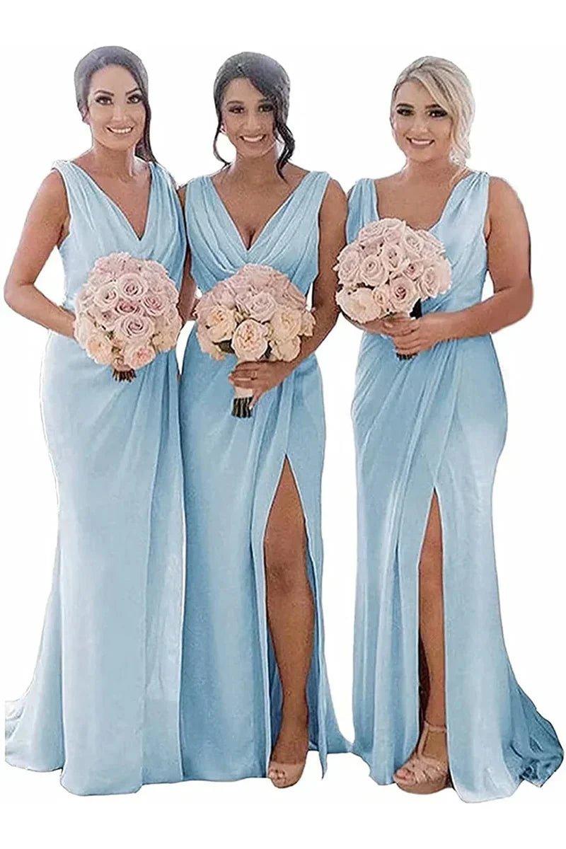 NumberSea - Bridesmaid Dress Rust Sheath Chiffon Ruched Long with Slit