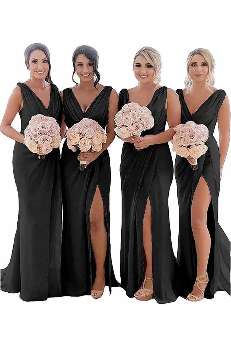 NumberSea - Bridesmaid Dress Sheath Chiffon Ruched Long with Slit