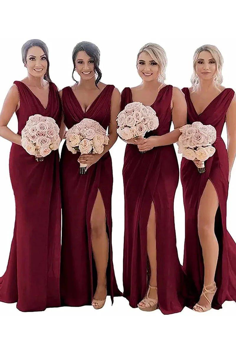 NumberSea - Bridesmaid Dress Sheath Chiffon Ruched Long with Slit