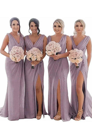 NumberSea - Bridesmaid Dress Sheath Chiffon Ruched Long with Slit