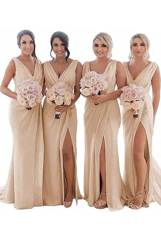 NumberSea - Bridesmaid Dress Sheath Chiffon Ruched Long with Slit