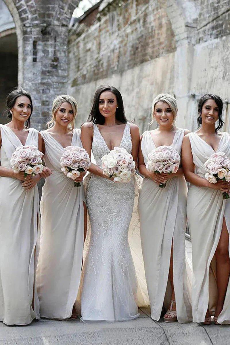 NumberSea - Bridesmaid Dress Sheath Chiffon Ruched Long with Slit