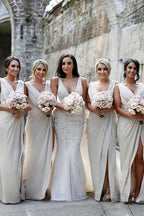NumberSea - Bridesmaid Dress Sheath Chiffon Ruched Long with Slit