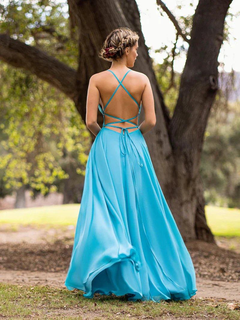 NumberSea - Bridesmaid Dress Straight Across Chiffon Floor Length Cutout Back Prom Dress