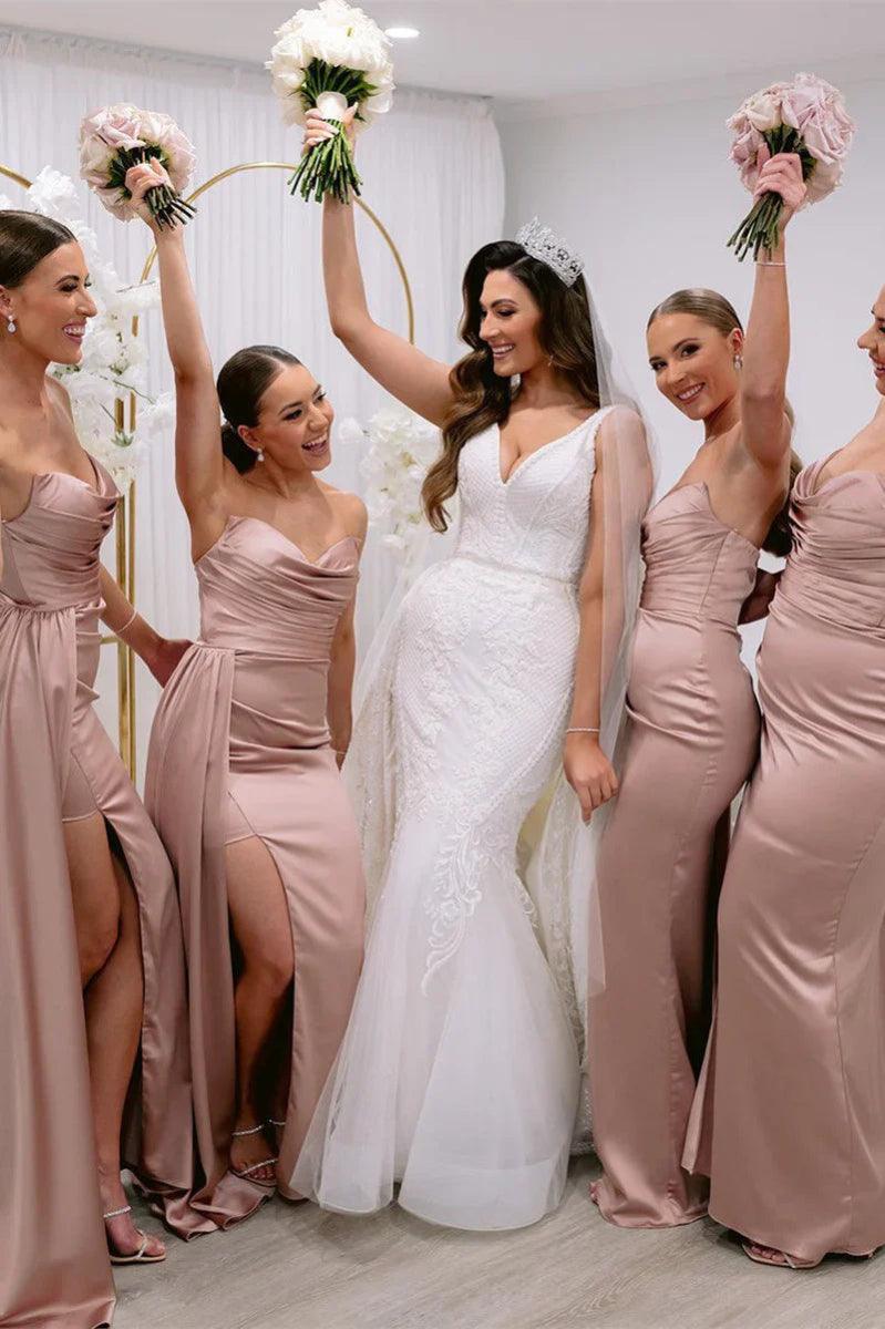 NumberSea - Bridesmaid Dress Strapless Cowl Neck Long with Slit