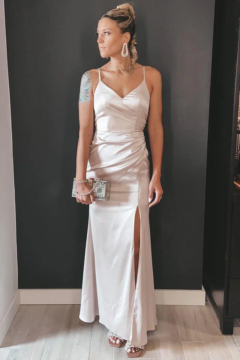 NumberSea - Bridesmaid Dress V - Neck Ruched Long with Slit