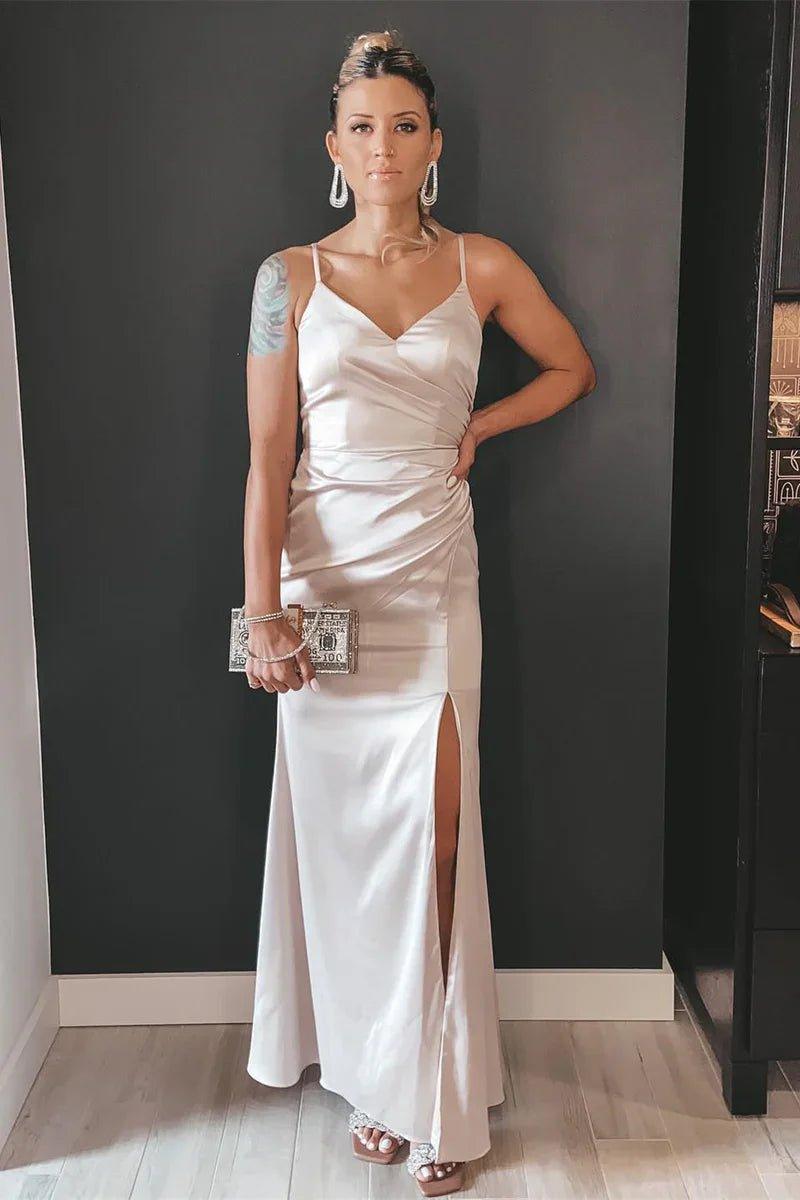 NumberSea - Bridesmaid Dress V - Neck Ruched Long with Slit