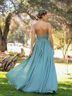 NumberSea - Bridesmaid Dress V - neckline Spaghetti Straps Slit Front Floor Length Chiffon Dress