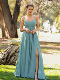 NumberSea - Bridesmaid Dress V - neckline Spaghetti Straps Slit Front Floor Length Chiffon Dress