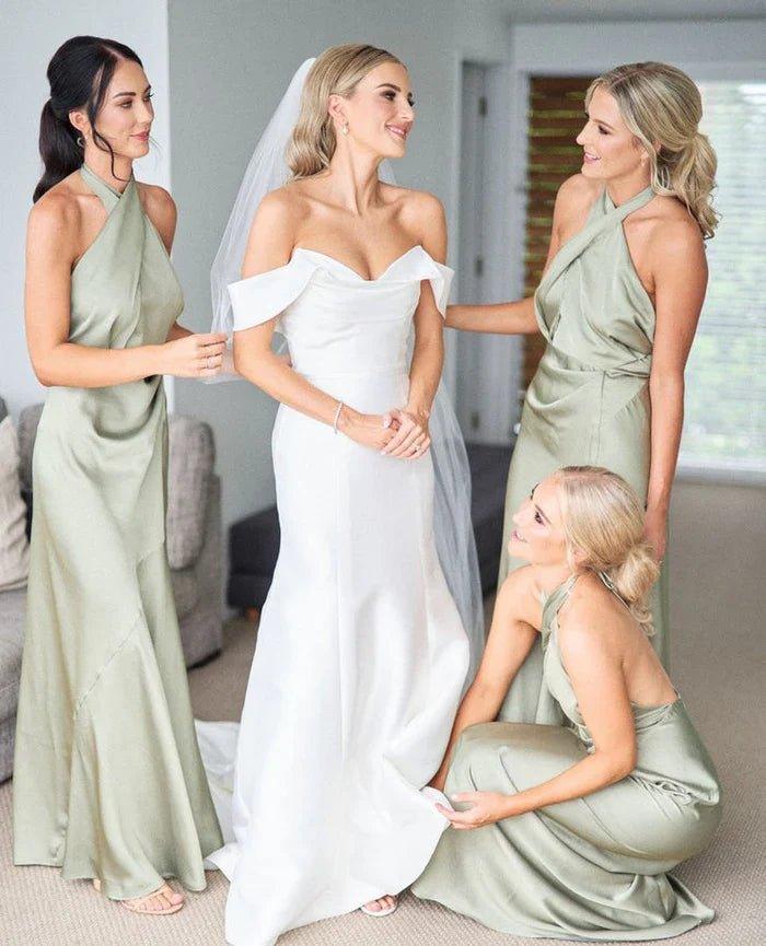 NumberSea - Bridesmaid Dresses Charming Sheath Satin Sage Long Bridesmaid Dresses