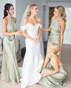 NumberSea - Bridesmaid Dresses Charming Sheath Satin Sage Long Bridesmaid Dresses