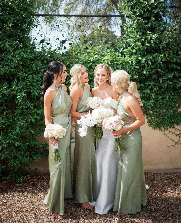 NumberSea - Bridesmaid Dresses Charming Sheath Satin Sage Long Bridesmaid Dresses