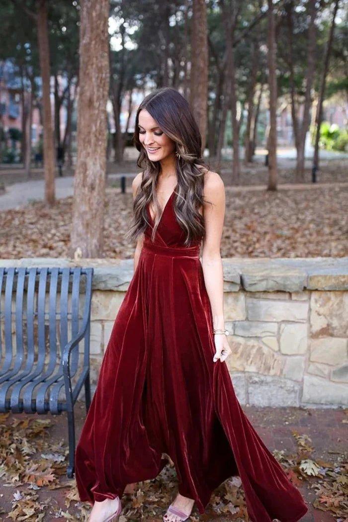 NumberSea - Bridesmaid Dresses Elegant A - Line Halter Backless Burgundy Velvet Long