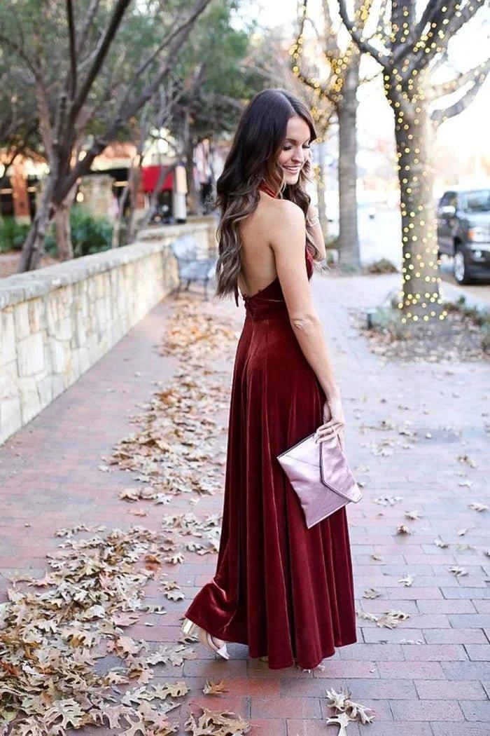 NumberSea - Bridesmaid Dresses Elegant A - Line Halter Backless Burgundy Velvet Long