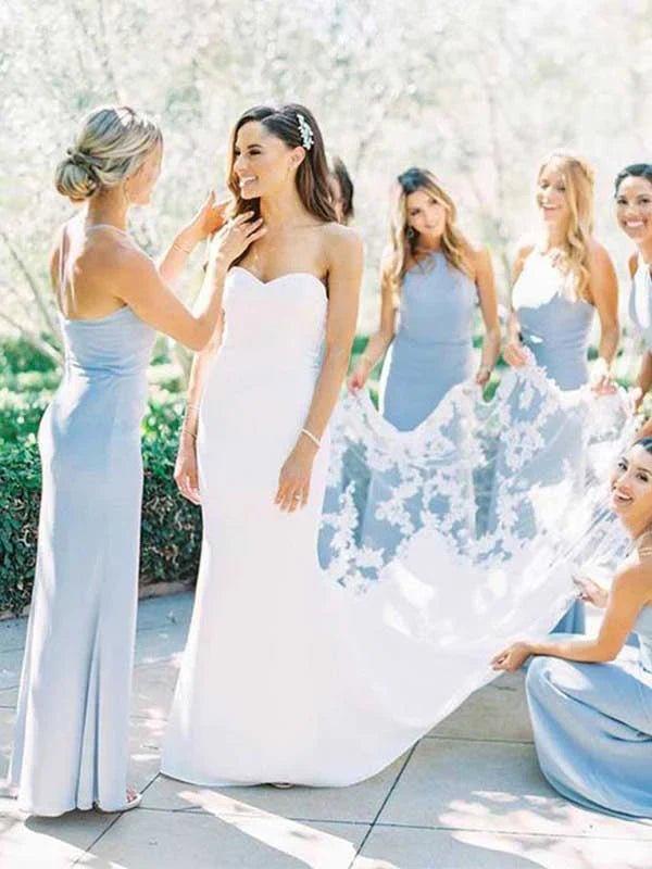 NumberSea - Bridesmaid Dresses Elegant Sheath Halter Light Blue Satin Long