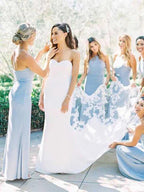 NumberSea - Bridesmaid Dresses Elegant Sheath Halter Light Blue Satin Long