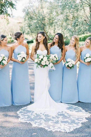 NumberSea - Bridesmaid Dresses Elegant Sheath Halter Light Blue Satin Long