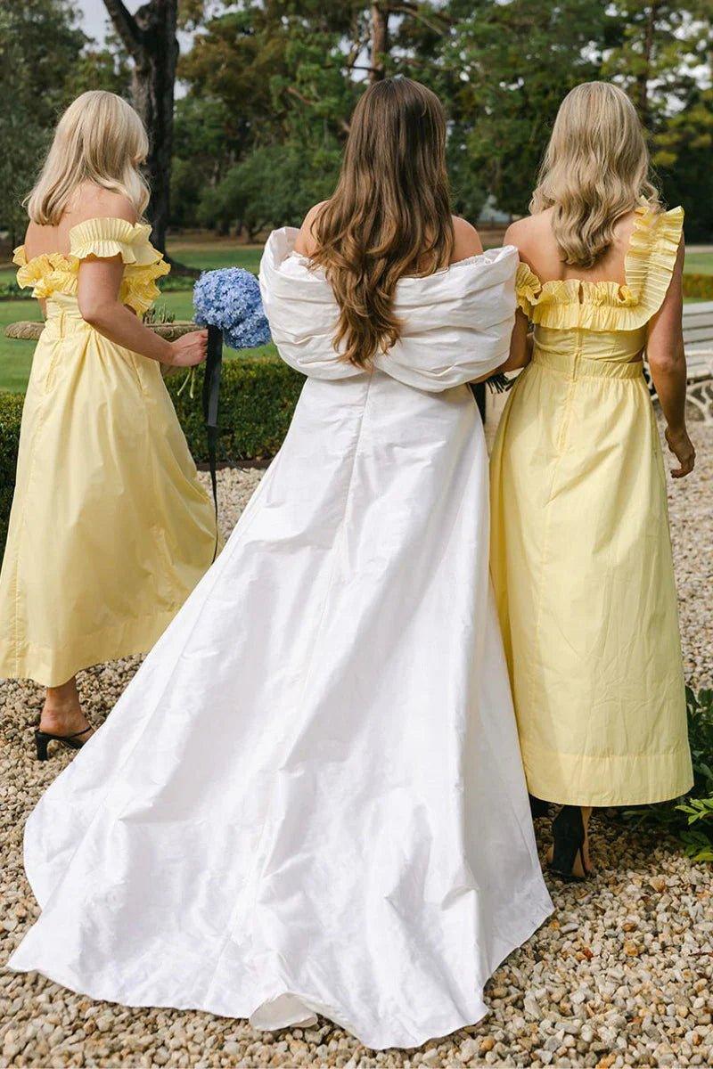 NumberSea - Bridesmaid Dresses Off the Shoulder Ruffle Satin Ankle Length