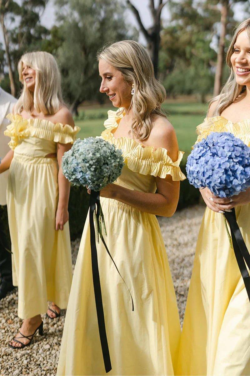 NumberSea - Bridesmaid Dresses Off the Shoulder Ruffle Satin Ankle Length