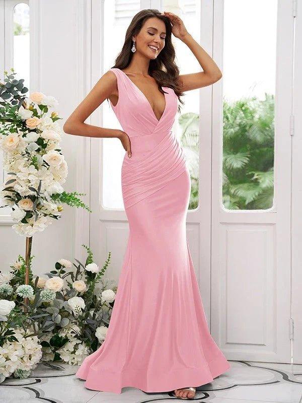 NumberSea - Bridesmaid Dresses Sexy Mermaid V Neck Backless Ruched