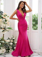 NumberSea - Bridesmaid Dresses Sexy Mermaid V Neck Backless Ruched