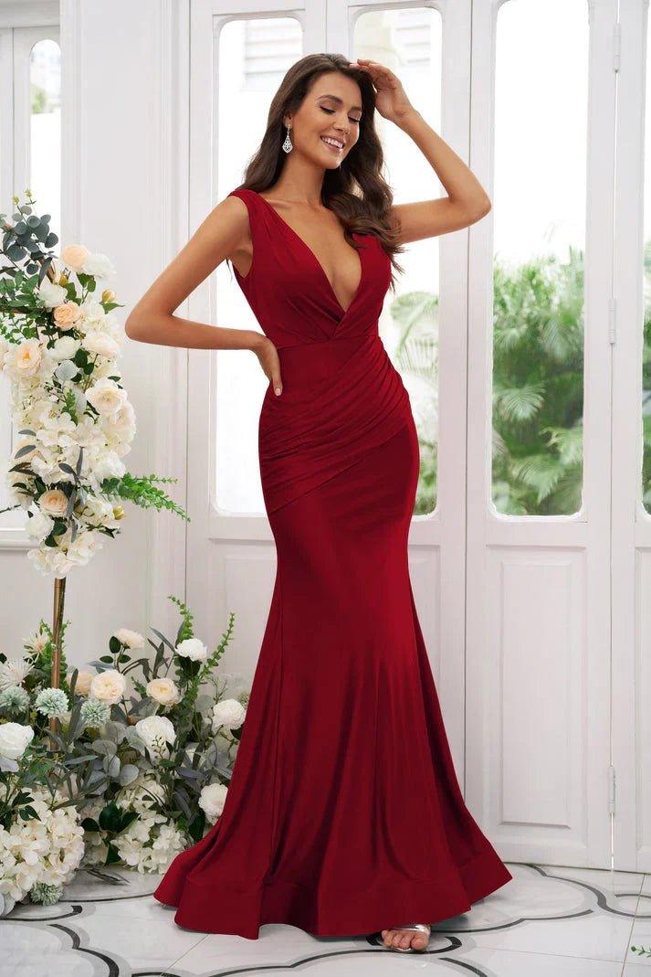 NumberSea - Bridesmaid Dresses Sexy Mermaid V Neck Backless Ruched